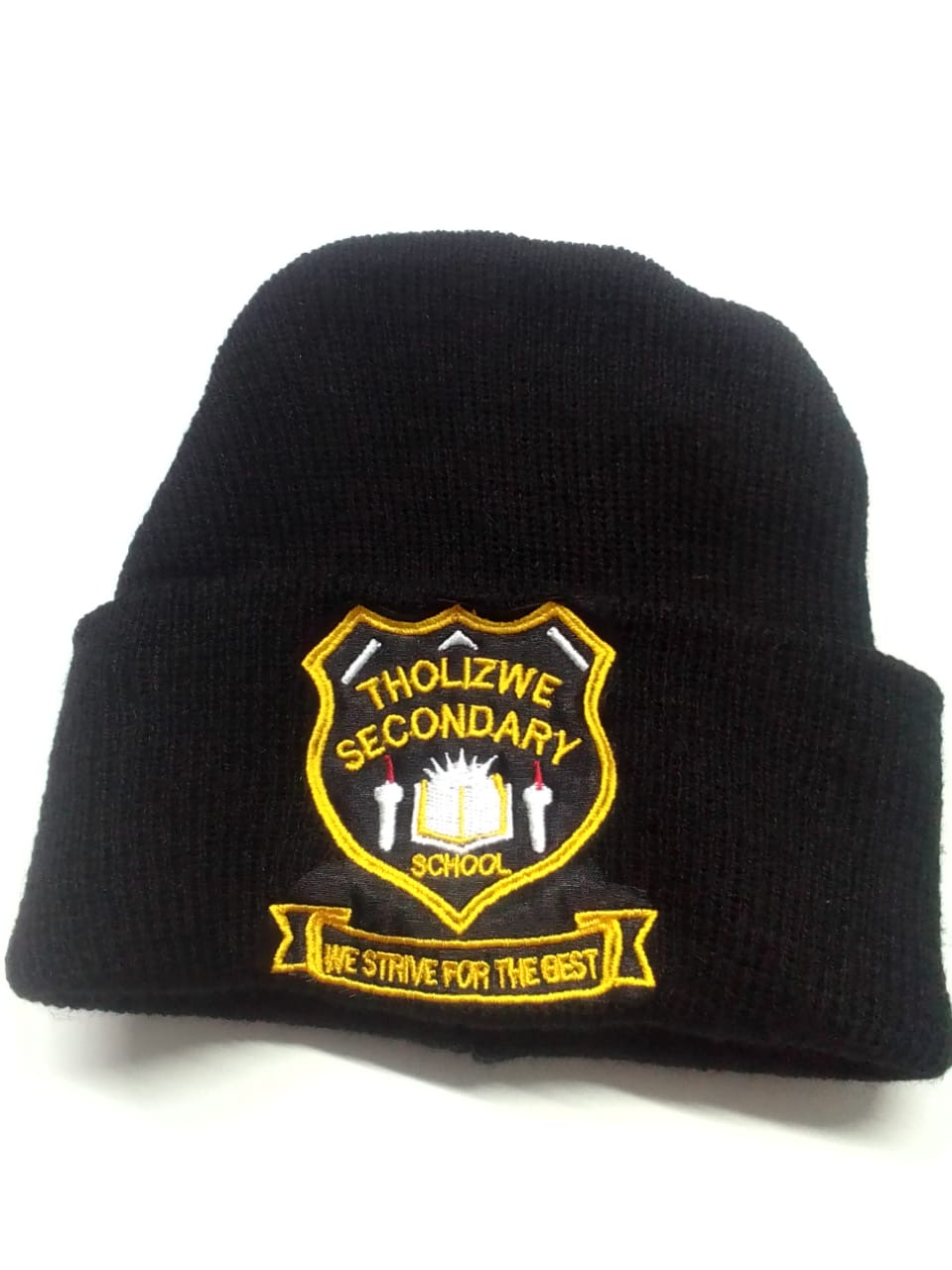 Black beanie with Tholizwe Secondary School embroidery